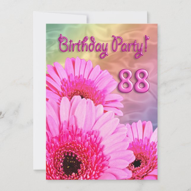 88th Birthday party invitation with pink flowers (Front)
