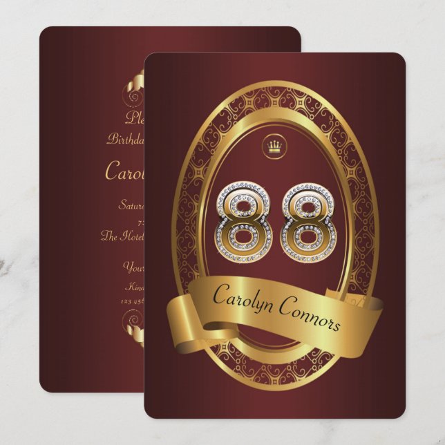 88th,birthday party woman man,elegant colour invitation (Front/Back)
