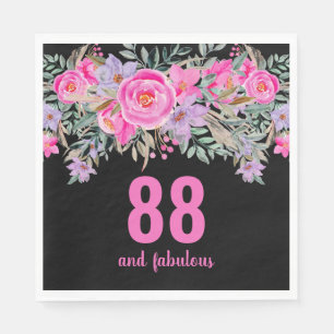 88th birthday pink black floral party napkins