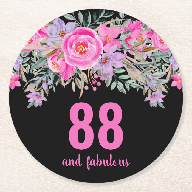 88th birthday pink black floral  round paper coaster (Front)