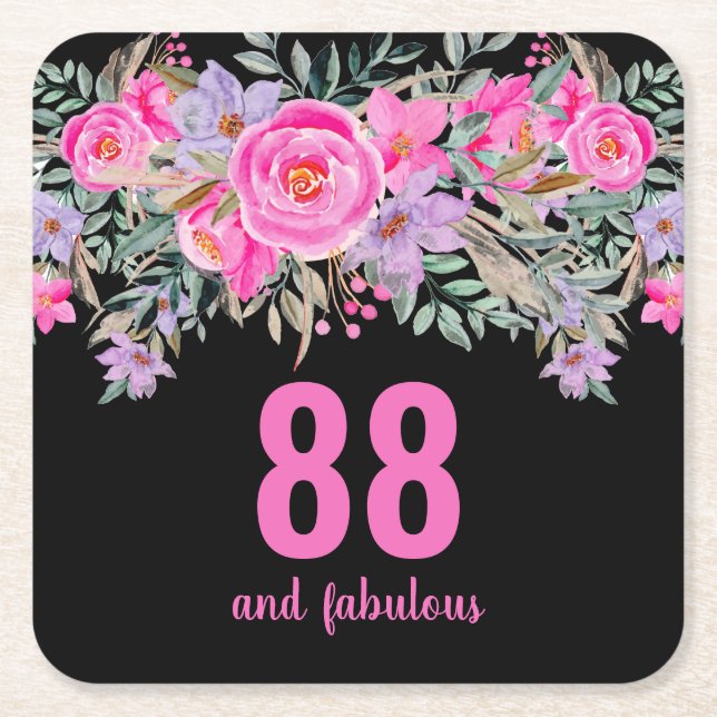 88th birthday pink black floral  square paper coaster (Front)