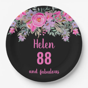 88th birthday pink black watercolor floral  paper plate