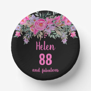 88th birthday pink black watercolor floral  paper plate