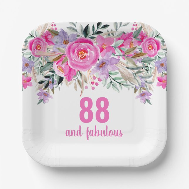 88th birthday pink floral  paper plate (Front)