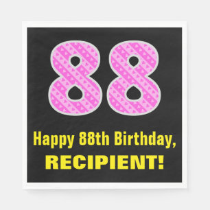 88th Birthday: Pink Stripes and Hearts "88" + Name Napkin