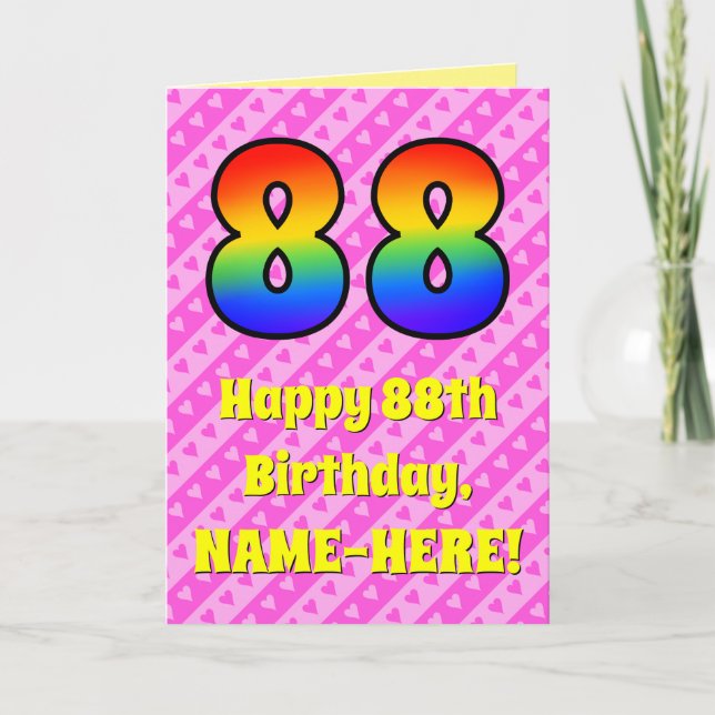 88th Birthday: Pink Stripes & Hearts, Rainbow # 88 Card (Front)