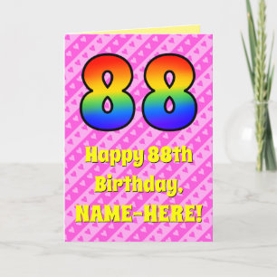 88th Birthday: Pink Stripes & Hearts, Rainbow # 88 Card
