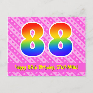 88th Birthday: Pink Stripes & Hearts, Rainbow 88 Postcard