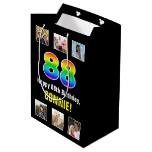88th Birthday: Rainbow “88“, Custom Photos & Name Medium Gift Bag