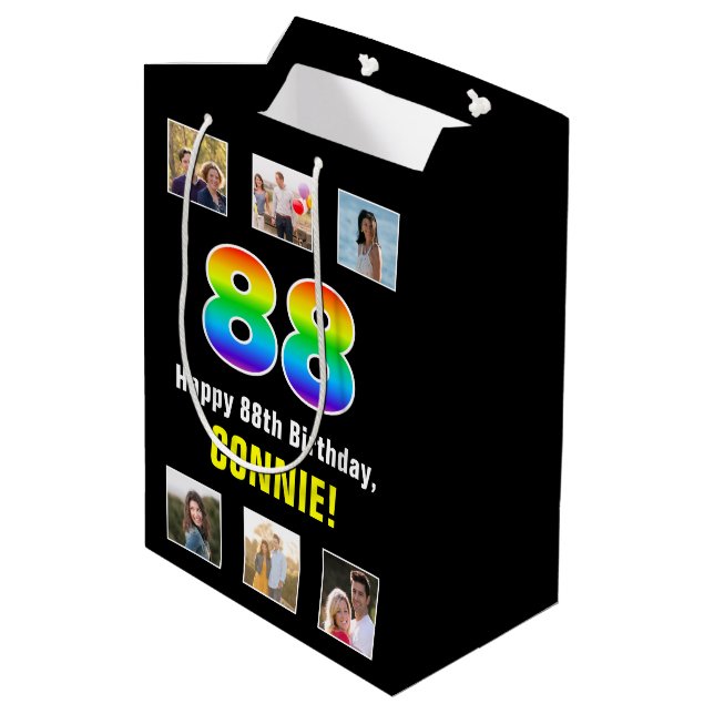 88th Birthday: Rainbow “88“, Custom Photos & Name Medium Gift Bag (Back Angled)