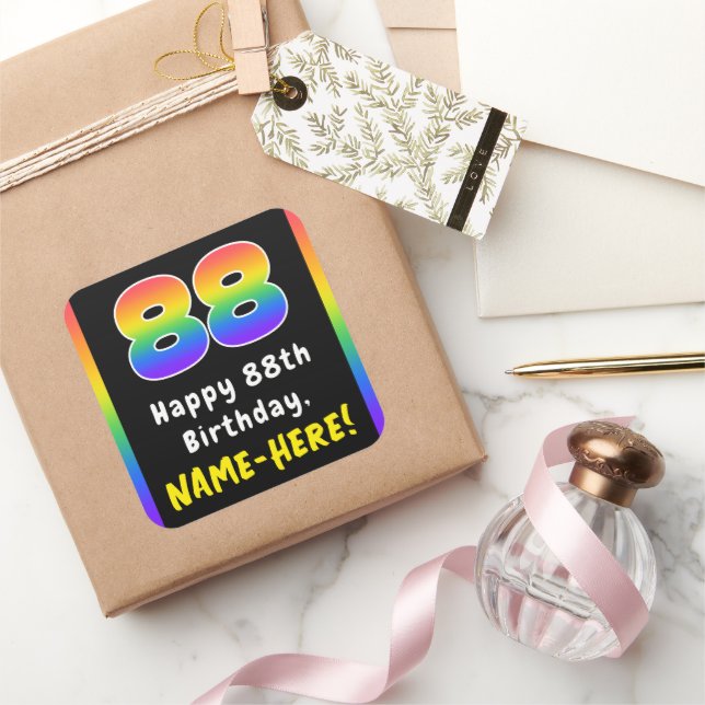 88th Birthday: Rainbow Spectrum # 88, Custom Name Square Sticker (Gifting)