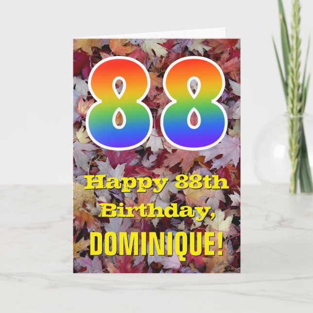 88th Birthday; Rustic Autumn Leaves; Rainbow "88" Card (Front)