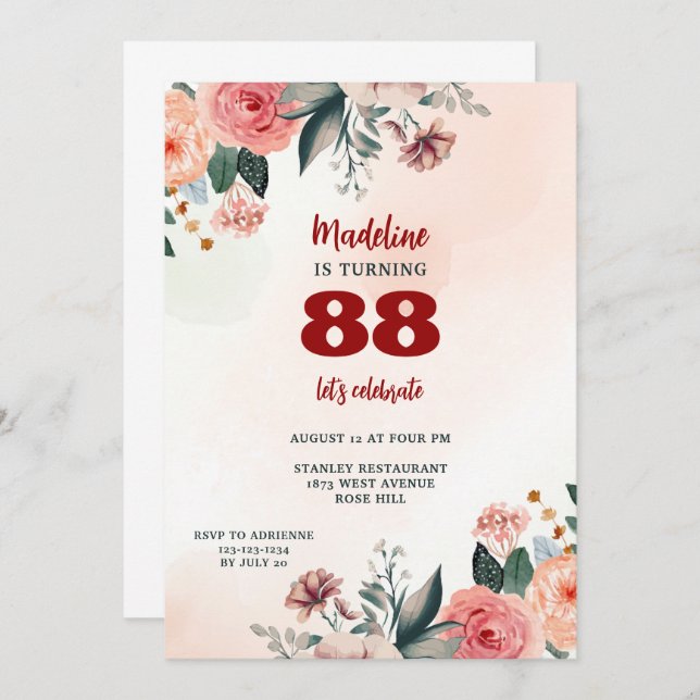 88th floral pastel colours elegant birthday  invitation (Front/Back)