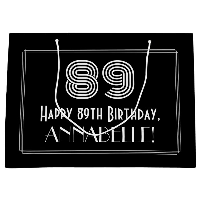 89th Birthday — Art Deco Inspired Look "89" & Name Large Gift Bag (Front)