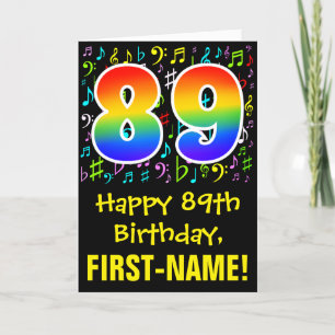 89th Birthday: Colorful Music Symbols + Rainbow 89 Card