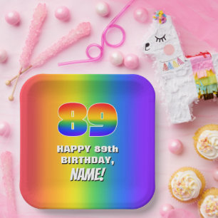 89th Birthday: Colourful, Fun Rainbow Pattern # 89 Paper Plate
