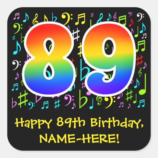 89th Birthday: Colourful Music Symbols, Rainbow 89 Square Sticker (Front)