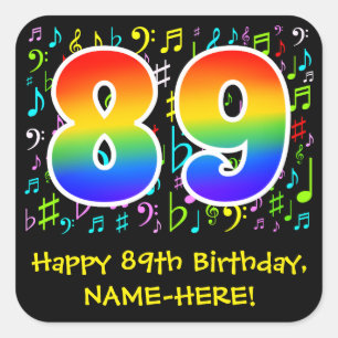 89th Birthday: Colourful Music Symbols, Rainbow 89 Square Sticker