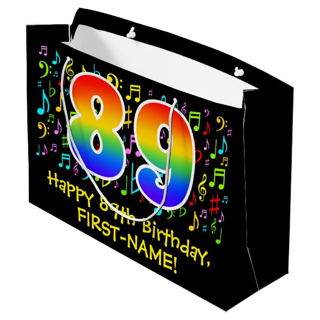 89th Birthday - Colourful Music Symbols, Rainbow 8 Large Gift Bag (Back Angled)