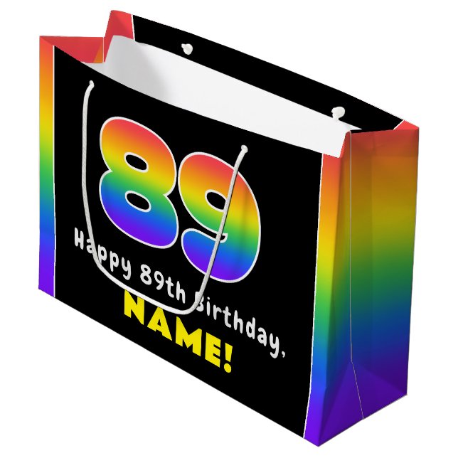 89th Birthday: Colourful Rainbow # 89, Custom Name Large Gift Bag (Front Angled)
