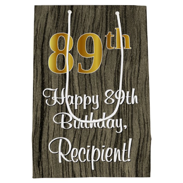 89th Birthday: Elegant Faux Gold Look #, Faux Wood Medium Gift Bag (Back)