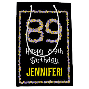 89th Birthday: Floral Flowers Number, Custom Name Medium Gift Bag