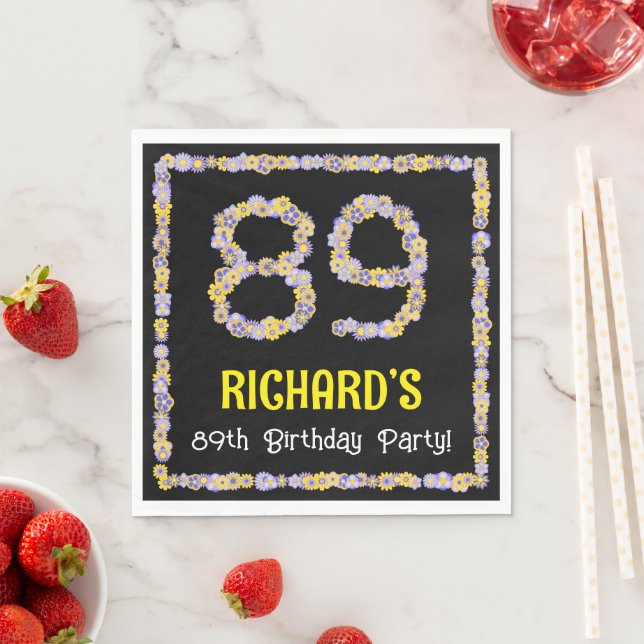 89th Birthday: Floral Flowers Number, Custom Name Napkin (Insitu)