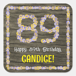 89th Birthday: Floral Number, Faux Wood Look, Name Square Sticker