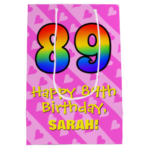 89th Birthday: Fun Pink Hearts Stripes; Rainbow 89 Medium Gift Bag