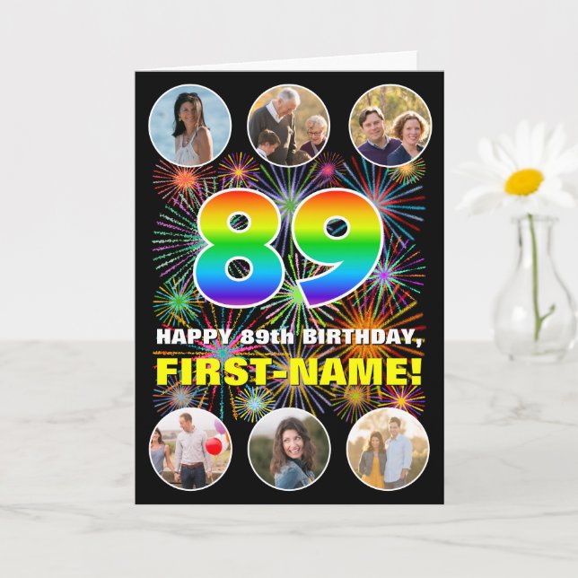 89th Birthday: Fun Rainbow #, Custom Name & Photos Card (Small Plant)