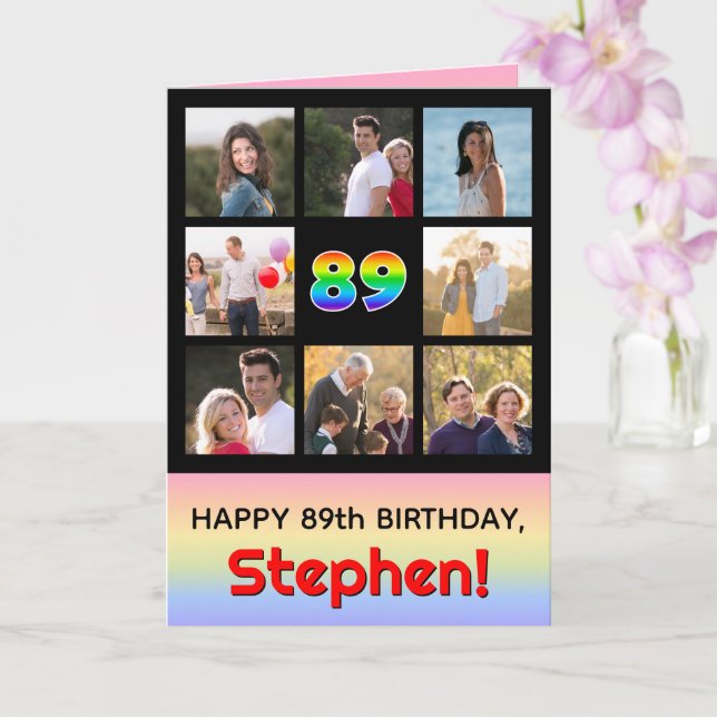 89th Birthday: Fun Rainbow #, Custom Photos + Name Card (Orchid)
