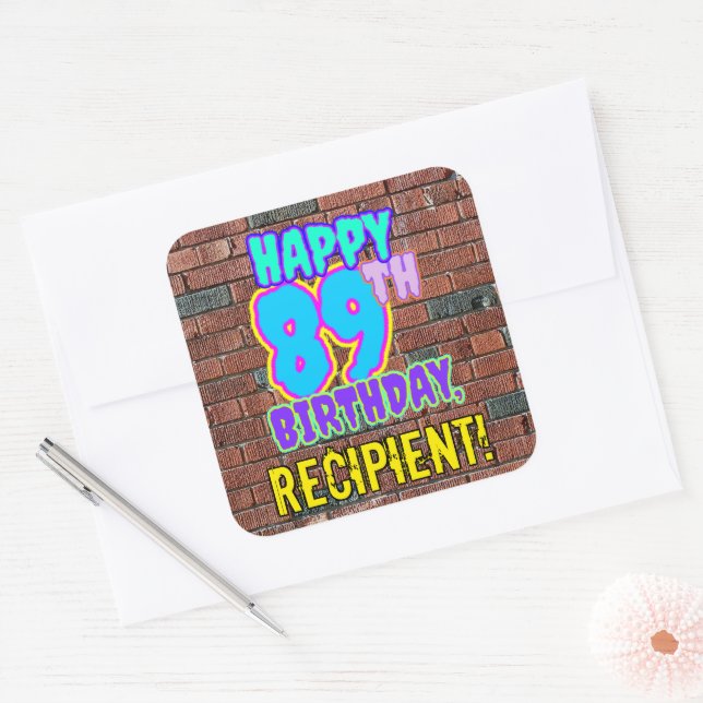 89th Birthday – Fun, Urban Graffiti Inspired Look Square Sticker (Envelope)