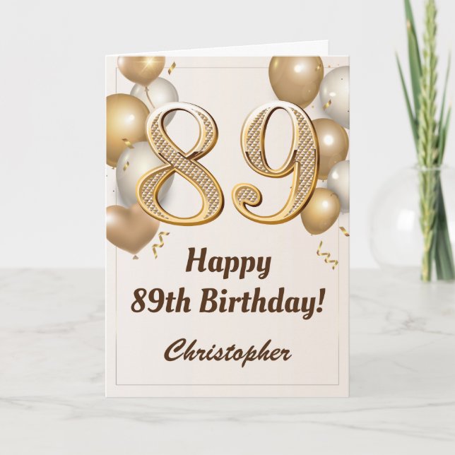89th Birthday Gold Balloons and Confetti Birthday Card (Front)