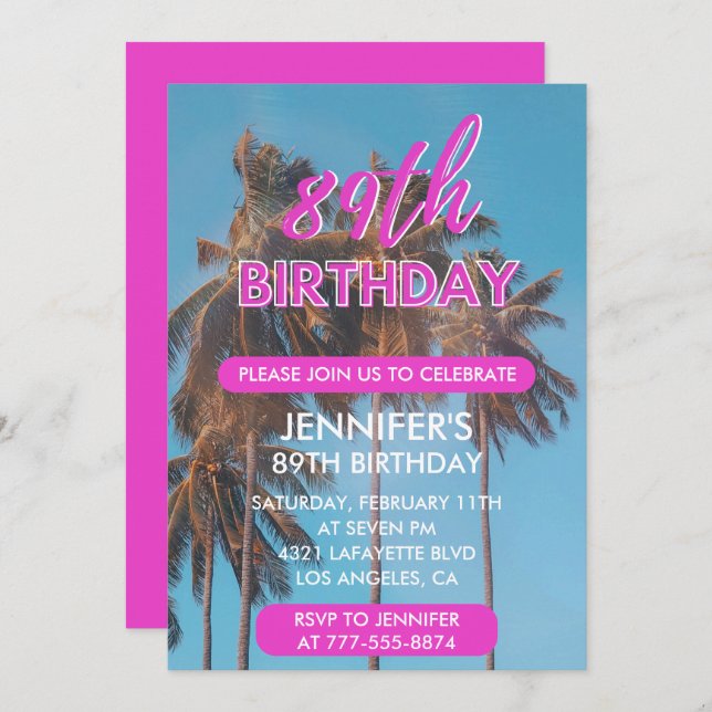 89th birthday invitation Summer Pink Palm tree (Front/Back)