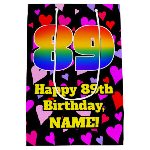 89th Birthday: Loving Hearts Pattern, Rainbow # 89 Medium Gift Bag
