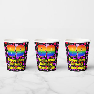 89th Birthday: Loving Hearts Pattern, Rainbow 89 Paper Cups