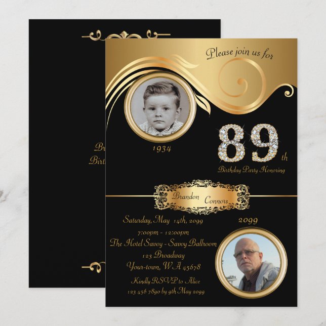 89th,Birthday Man 89th,elegant art deco,black gold Invitation (Front/Back)