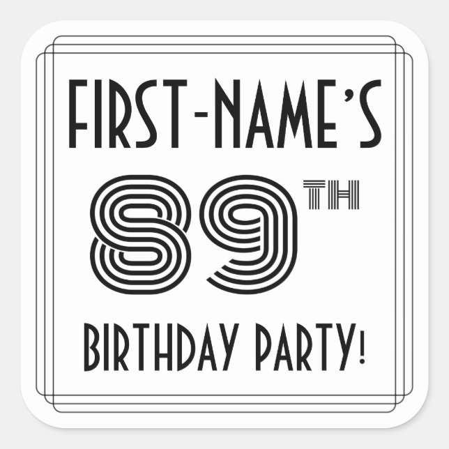 89th Birthday Party: Art Deco Style + Custom Name Square Sticker (Front)