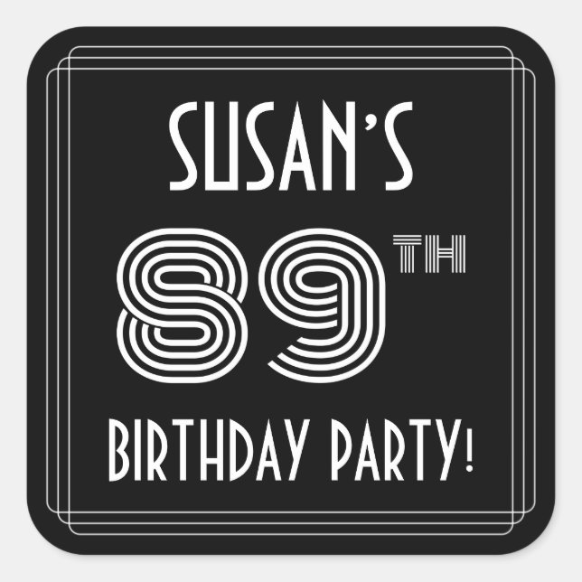 89th Birthday Party: Art Deco Style & Custom Name Square Sticker (Front)