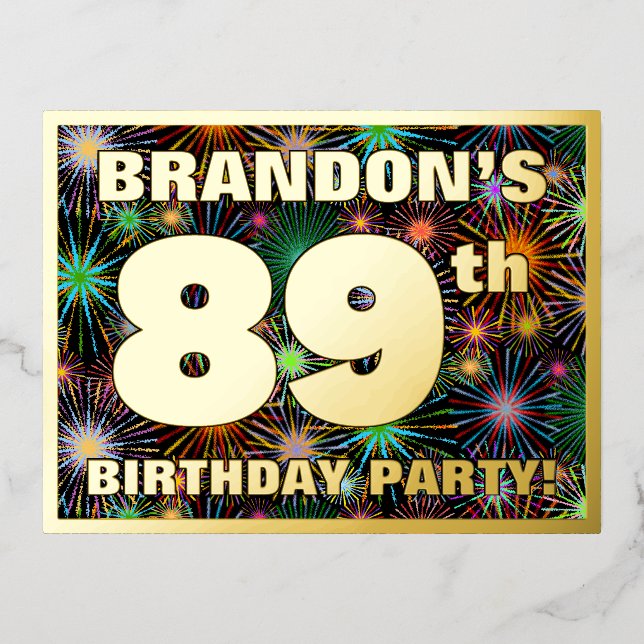 89th Birthday Party: Bold, Colourful Fireworks Loo Foil Invitation Postcard (Front)