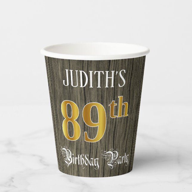 89th Birthday Party — Faux Gold & Faux Wood Looks Paper Cups (Front)