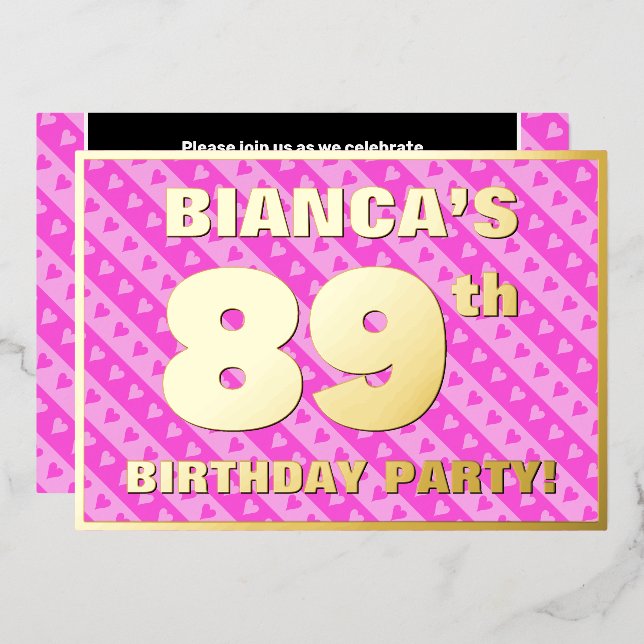 89th Birthday Party — Fun Pink Hearts and Stripes (Front/Back)