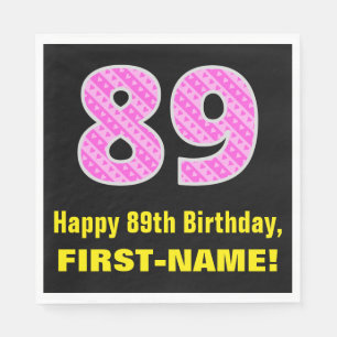 89th Birthday: Pink Stripes and Hearts "89" + Name Napkin