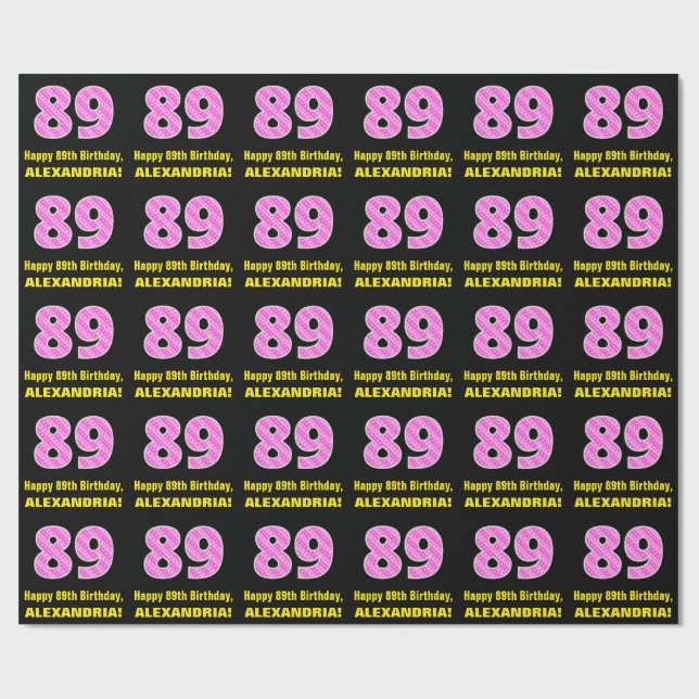 89th Birthday: Pink Stripes and Hearts "89" + Name Wrapping Paper (Flat)