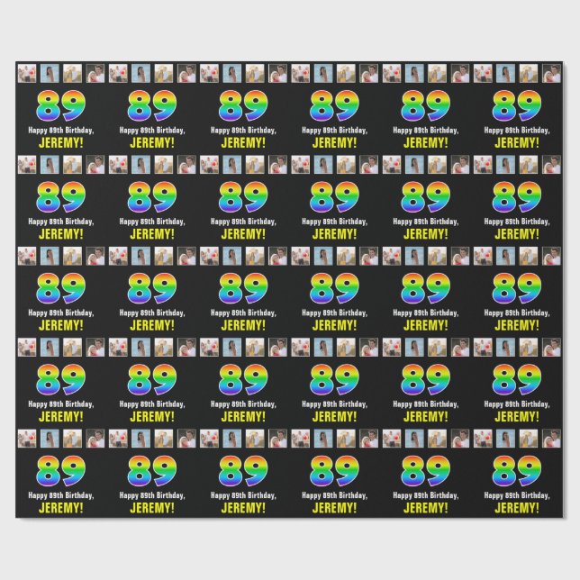 89th Birthday: Rainbow “89“; Custom Photos & Name Wrapping Paper (Flat)