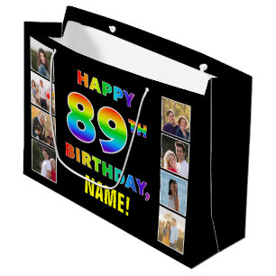 89th Birthday: Rainbow Text, Custom Photos & Name Large Gift Bag