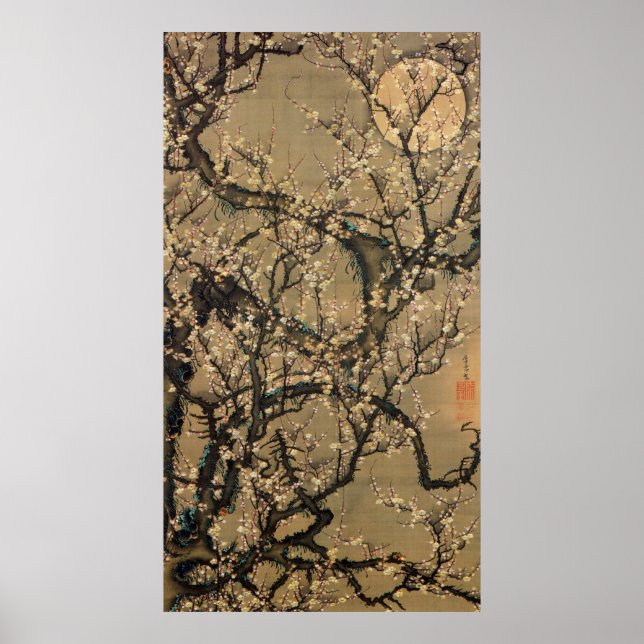 8. 梅花晧月図, 若冲 Moon and Plum blossoms, Jakuchū Poster (Front)