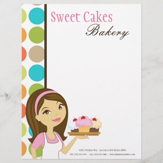 8.5x11 Bakery Brunette Baker Cup Cakes Letter Head Customized Letterhead (Front)
