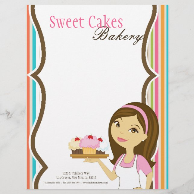 8.5x11 Bakery Brunette Baker Cup Cakes Letter Head Letterhead Template (Front)