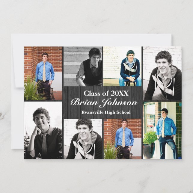 8/9 Photos Grey Wood  - Graduation Announcement (Front)